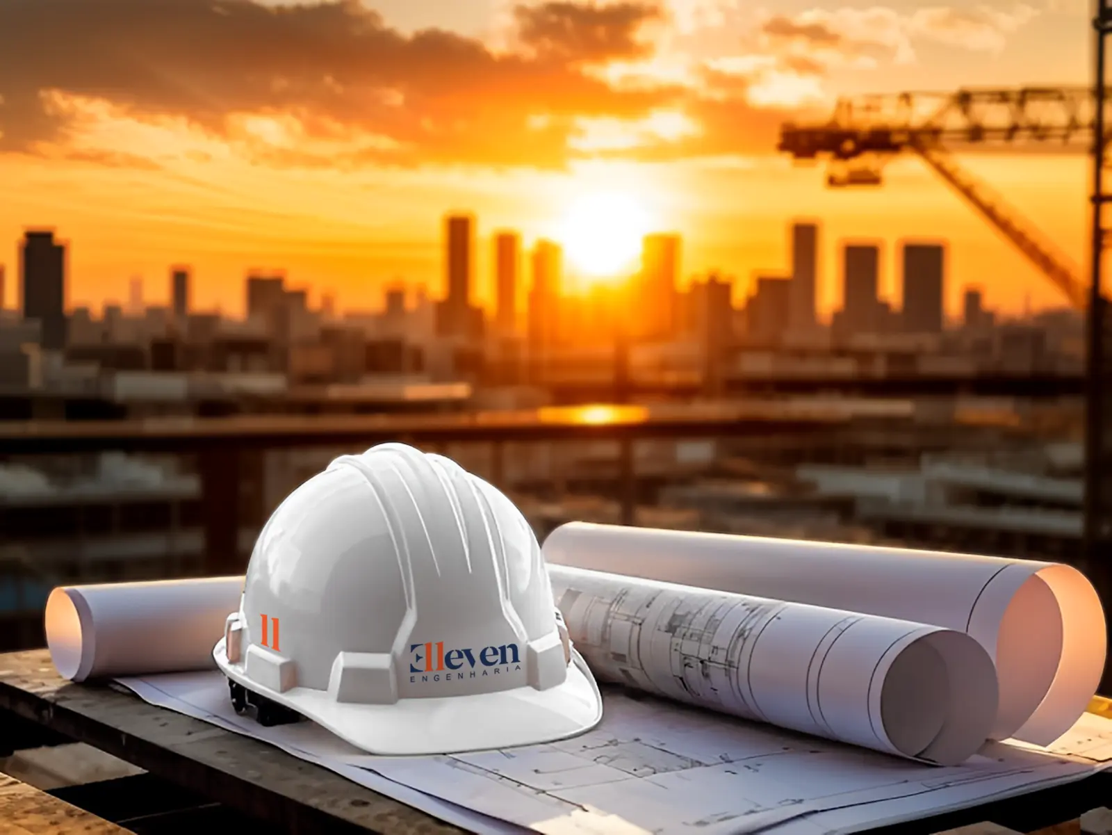 Capacete de engenharia da Elleven com plantas arquitetônicas e skyline ao pôr do sol